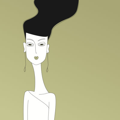 Illustration of a woman with a long neck and big hair on a green background